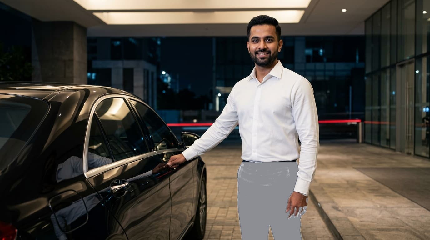 Professional RK Mobility chauffeur in full white uniform from top to bottom opening luxury vehicle door